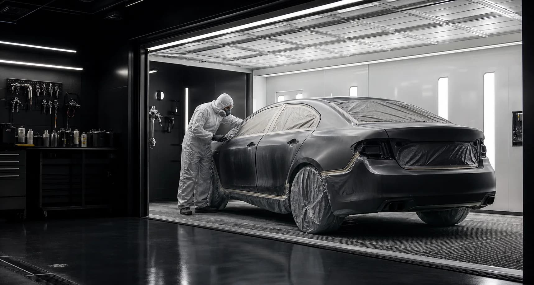 Automotive paint booth with premium vehicle