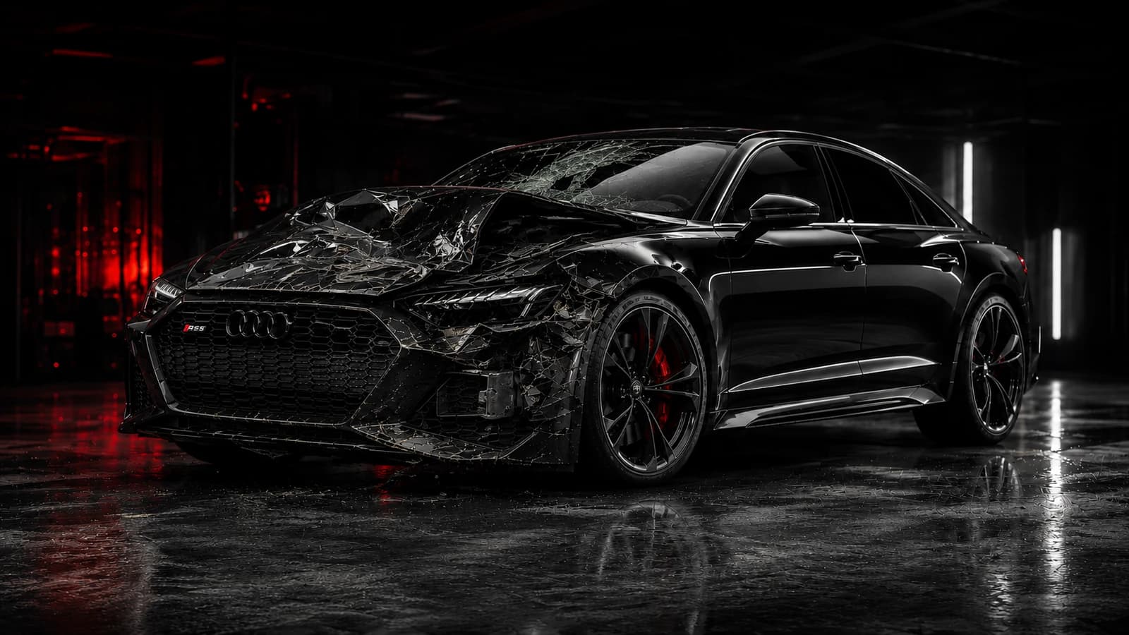 Audi RS preto com graves danos dianteiros antes da reparação de carroçaria