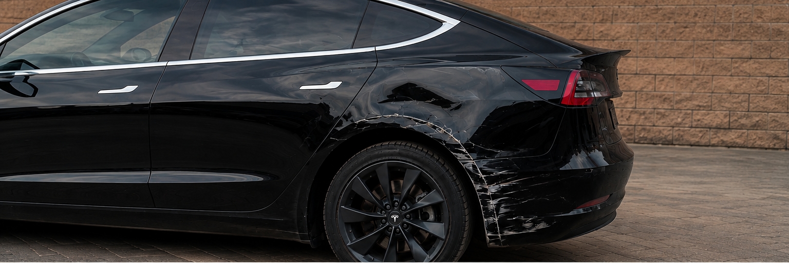 Aile arrière de la Tesla Model 3 avant réparation et peinture